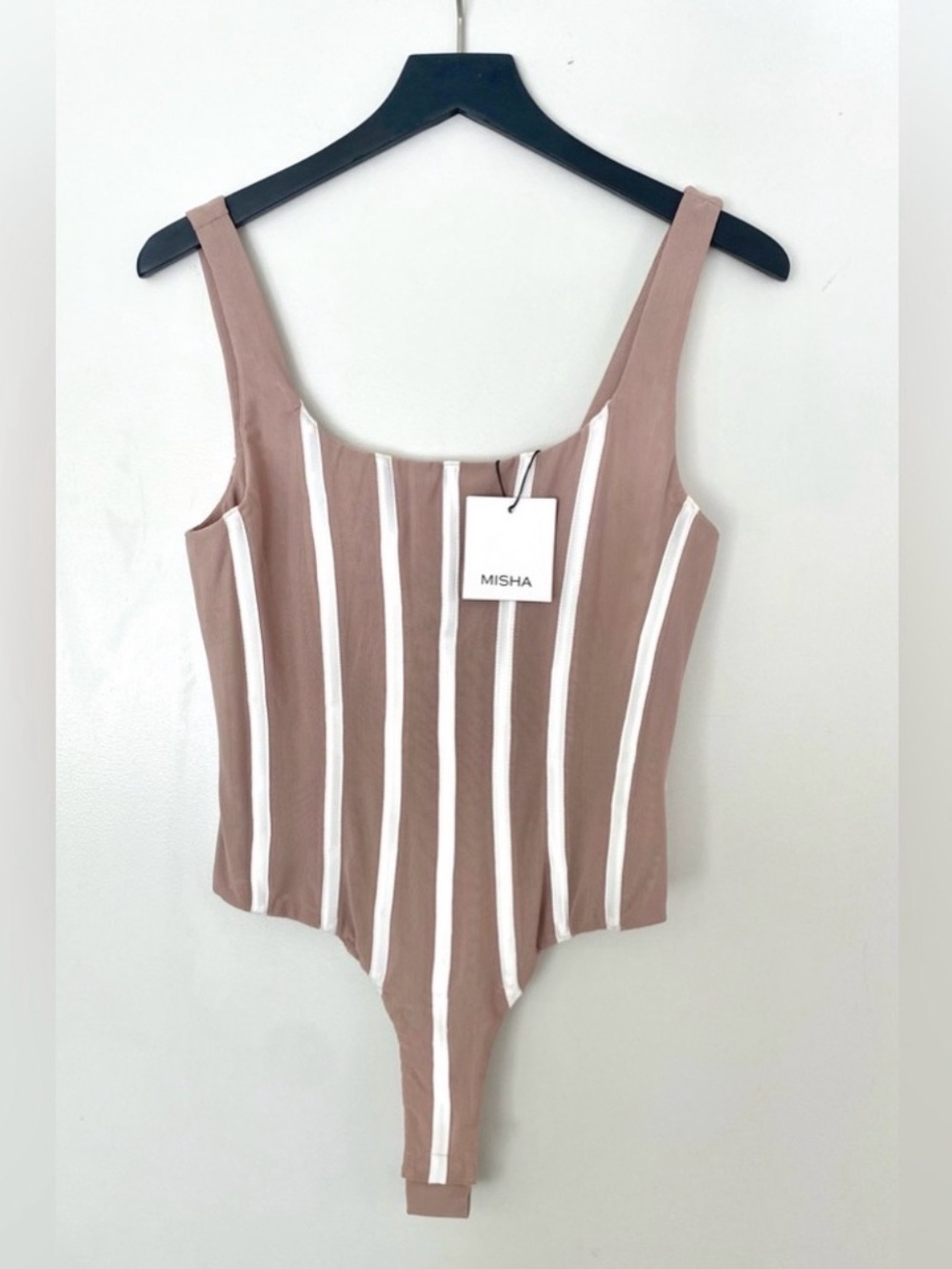 MISHA Taupe Striped Scoop Neck Bodysuit